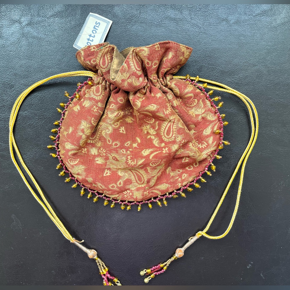NWT Indian silk brocade clutch drawstring purse wedding bag beaded pink & gold